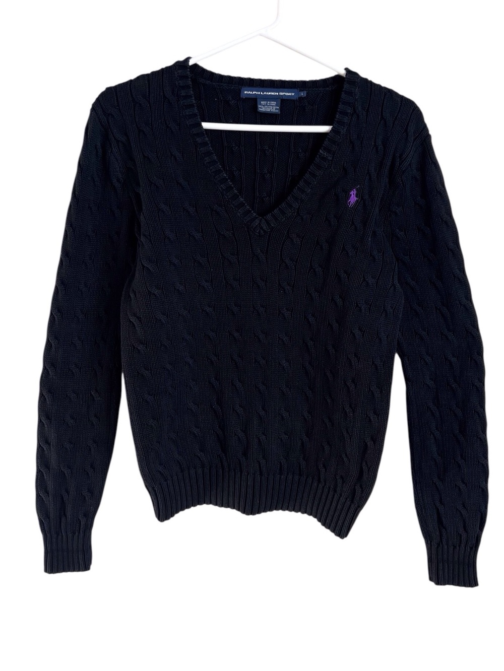 Ralph Lauren Sport Black Cableknit V-Neck Sweater Preppy Cotton Y2K Womens Large
